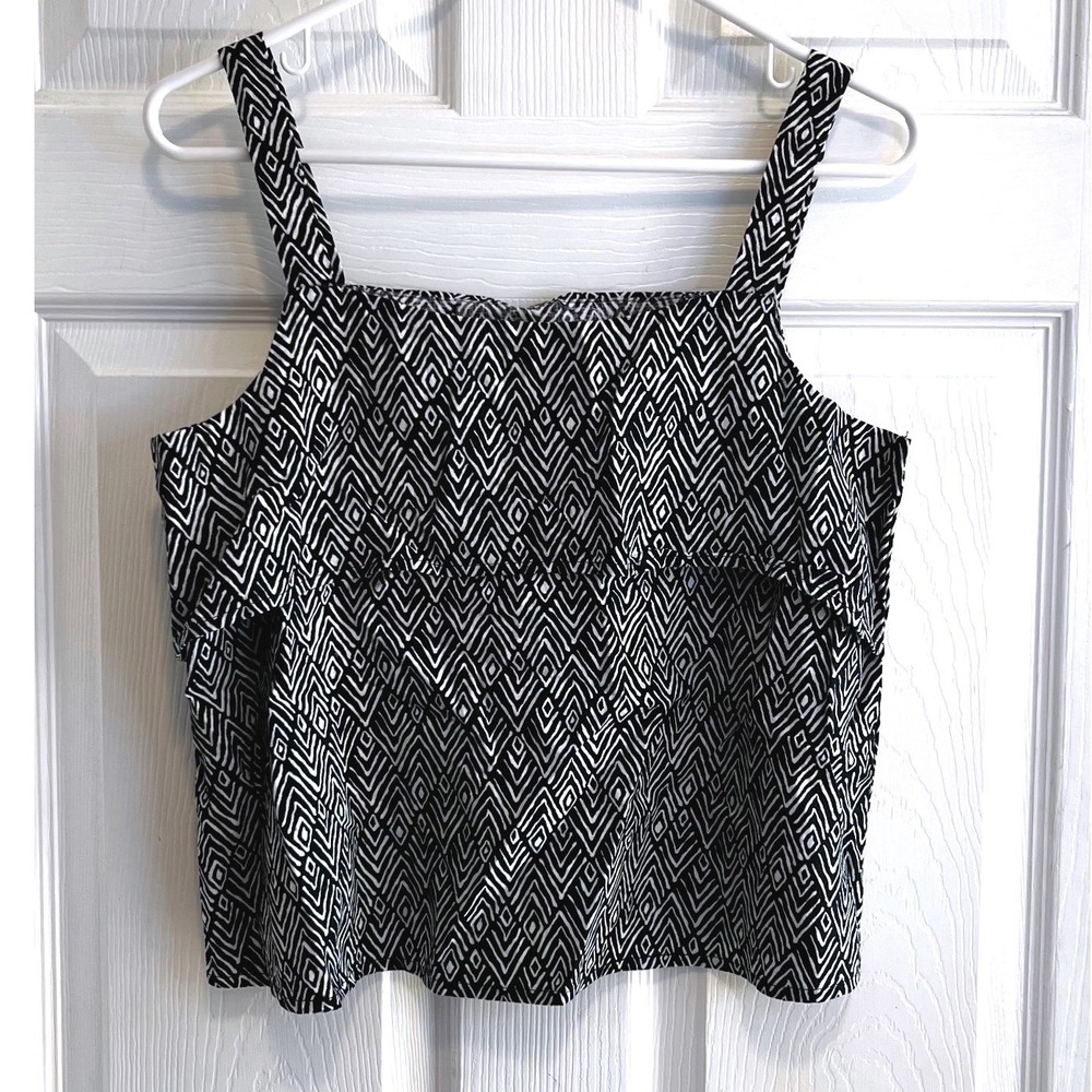 Maison Jules Geometric Print Tank Top Womens Medium Black White Linen Blend